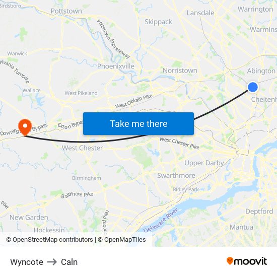 Wyncote to Caln map