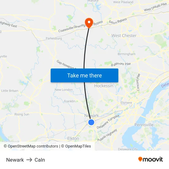 Newark to Caln map