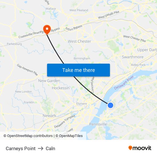 Carneys Point to Caln map