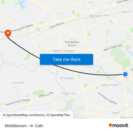 Middletown to Caln map