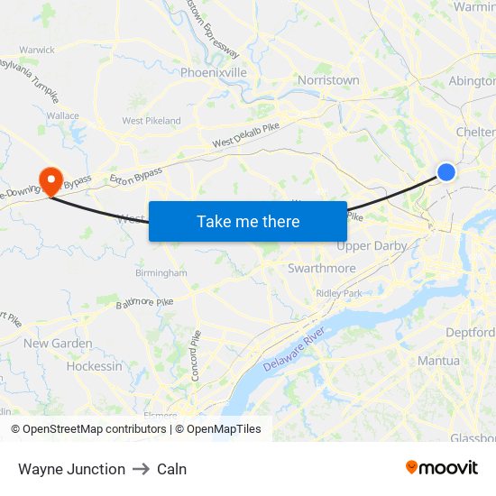 Wayne Junction to Caln map