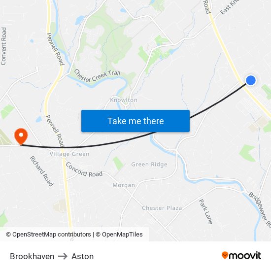 Brookhaven to Aston map