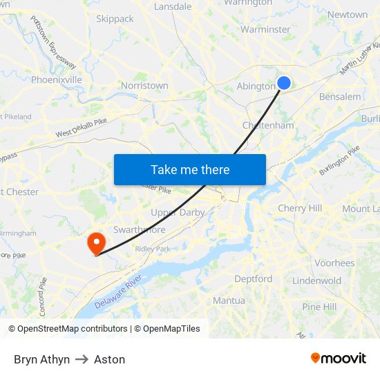 Bryn Athyn to Aston map