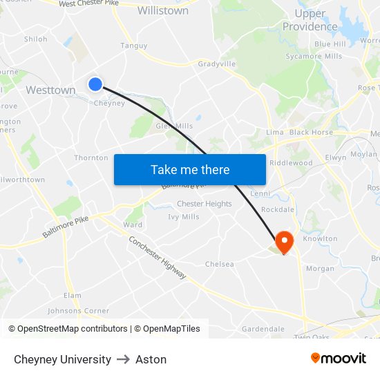 Cheyney University to Aston map