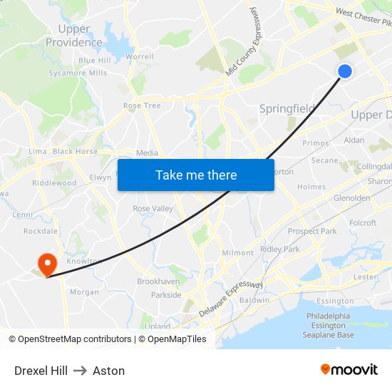 Drexel Hill to Aston map