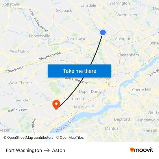 Fort Washington to Aston map