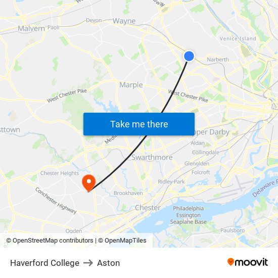Haverford College to Aston map