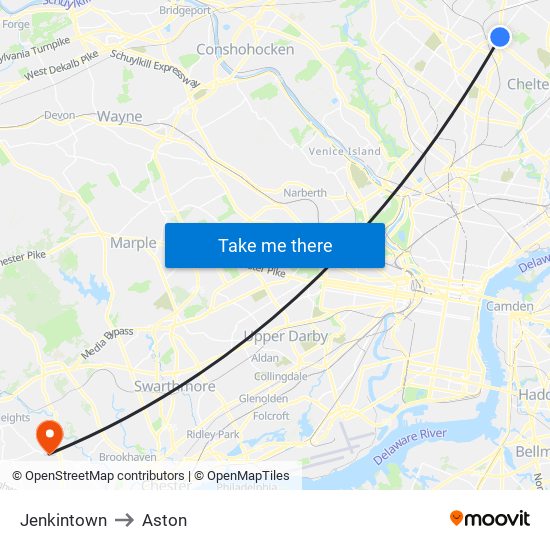 Jenkintown to Aston map