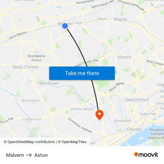 Malvern to Aston map