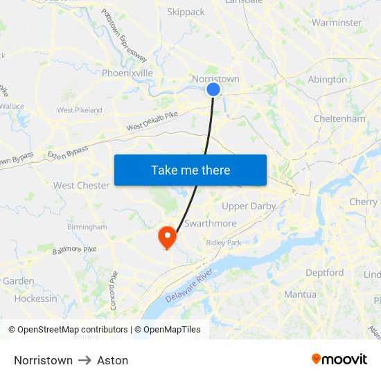 Norristown to Aston map