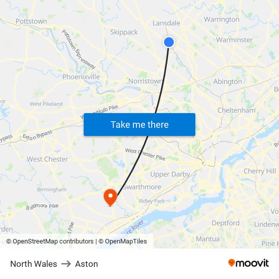 North Wales to Aston map