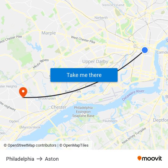 Philadelphia to Aston map