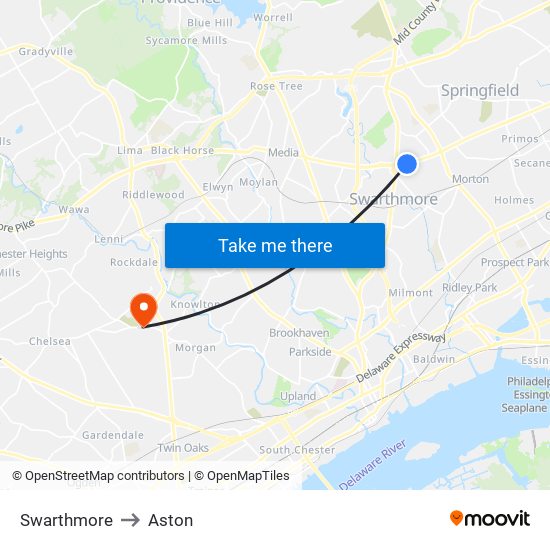 Swarthmore to Aston map