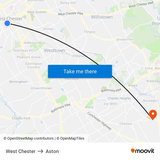 West Chester to Aston map