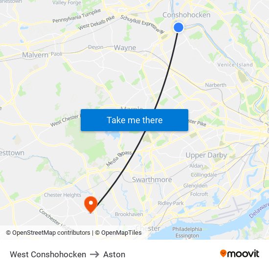 West Conshohocken to Aston map