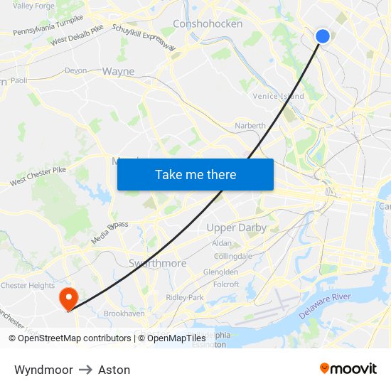 Wyndmoor to Aston map