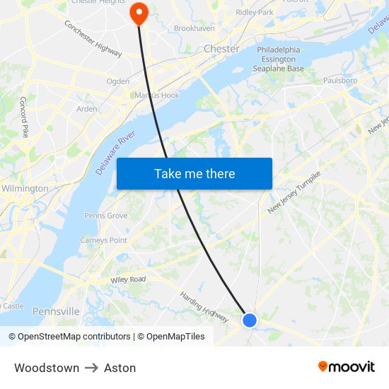 Woodstown to Aston map