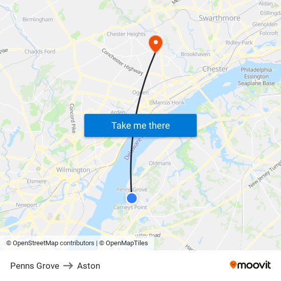 Penns Grove to Aston map