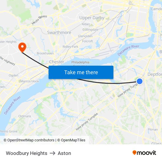 Woodbury Heights to Aston map
