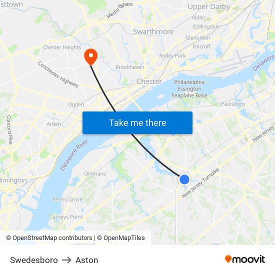Swedesboro to Aston map