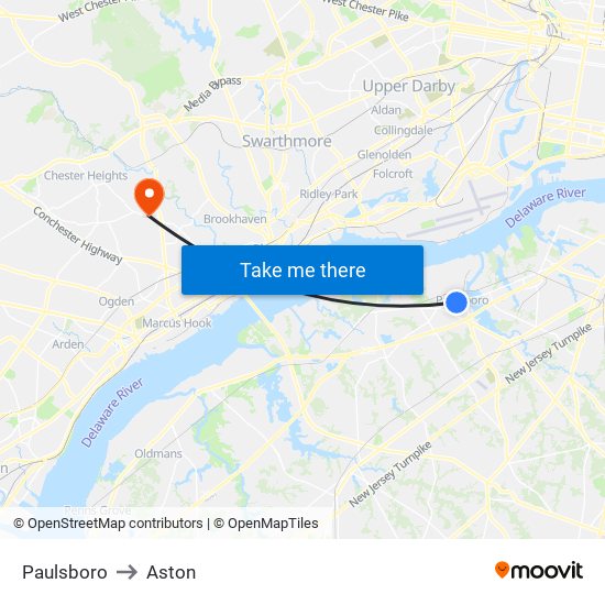 Paulsboro to Aston map