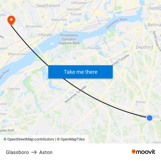 Glassboro to Aston map