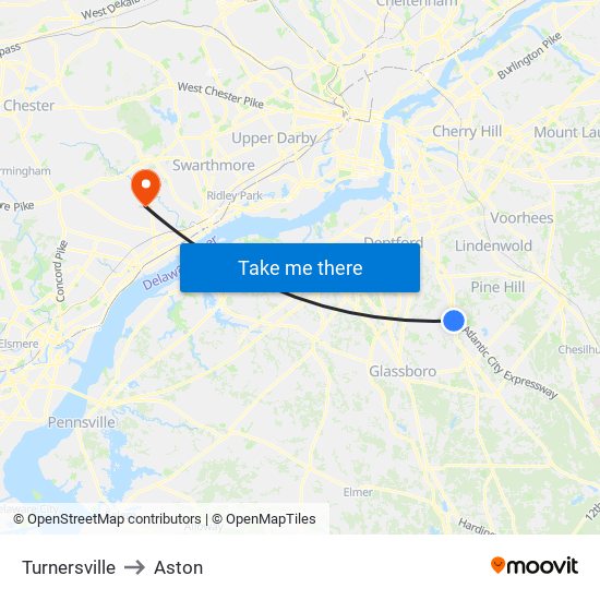 Turnersville to Aston map