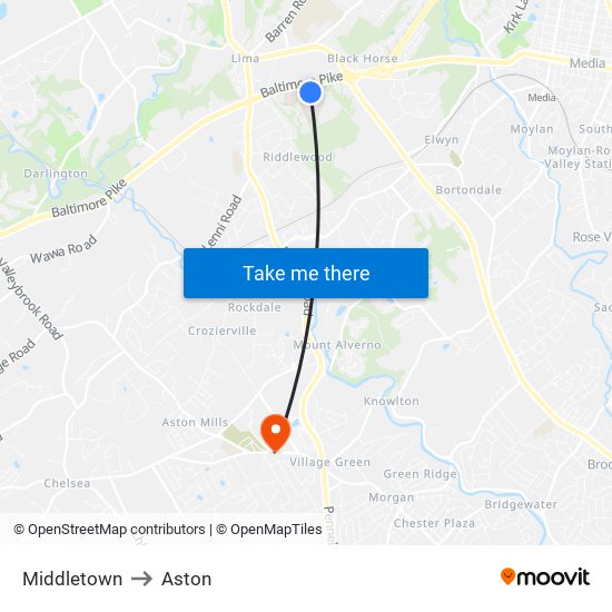 Middletown to Aston map