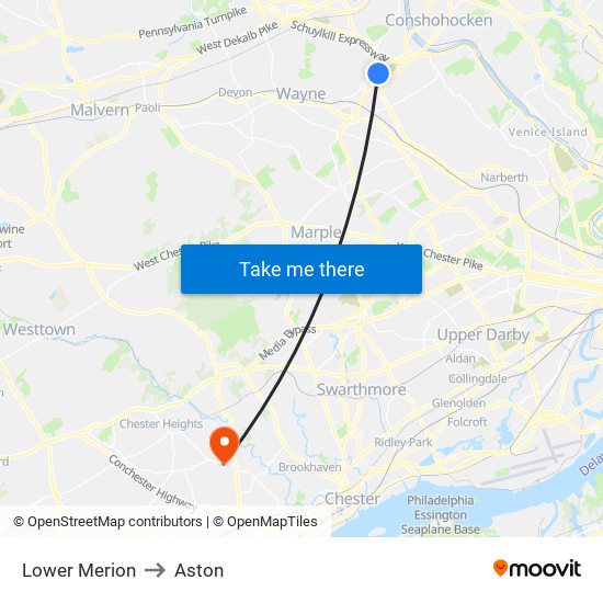 Lower Merion to Aston map
