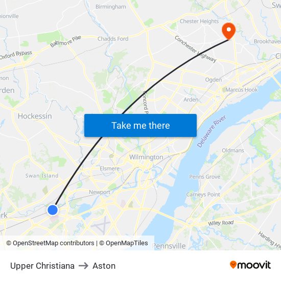 Upper Christiana to Aston map