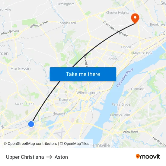 Upper Christiana to Aston map