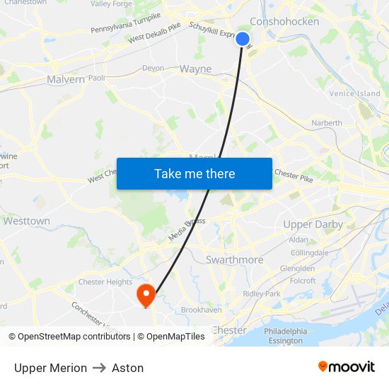 Upper Merion to Aston map