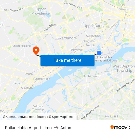 Philadelphia Airport Limo to Aston map