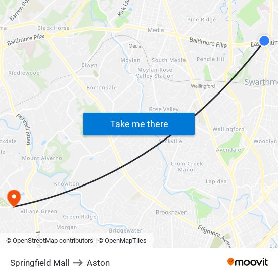 Springfield Mall to Aston map