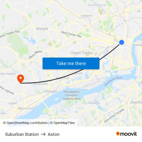 Suburban Station to Aston map