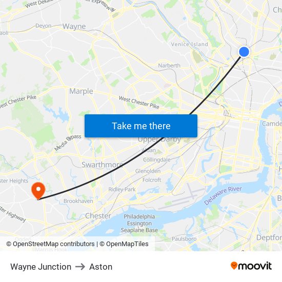 Wayne Junction to Aston map