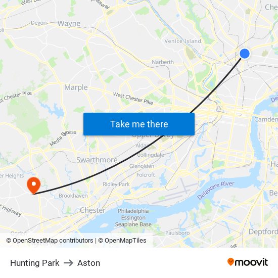 Hunting Park to Aston map