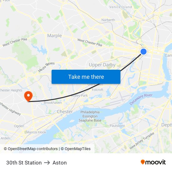 30th St Station to Aston map