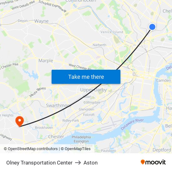 Olney Transportation Center to Aston map