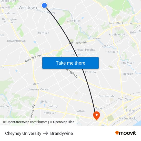 Cheyney University to Brandywine map