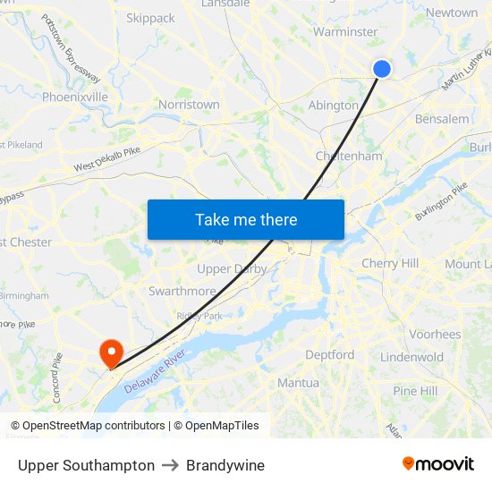 Upper Southampton to Brandywine map