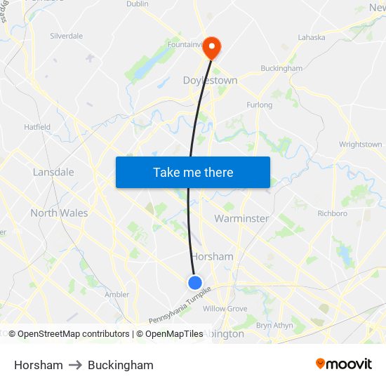 Horsham to Buckingham map