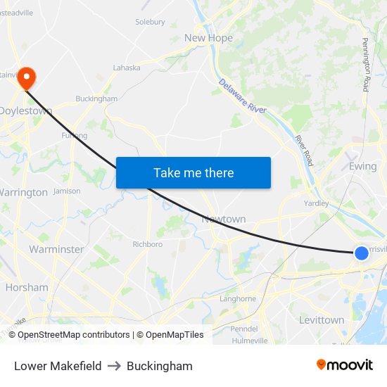 Lower Makefield to Buckingham map