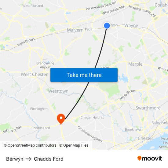 Berwyn to Chadds Ford map