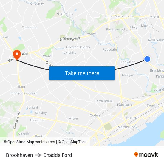 Brookhaven to Chadds Ford map