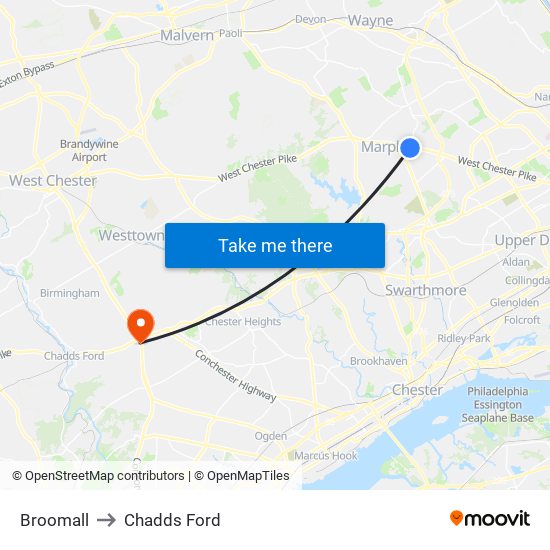 Broomall to Chadds Ford map
