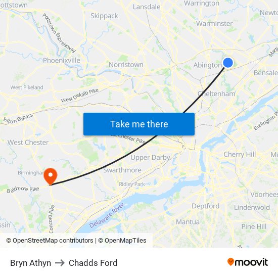 Bryn Athyn to Chadds Ford map