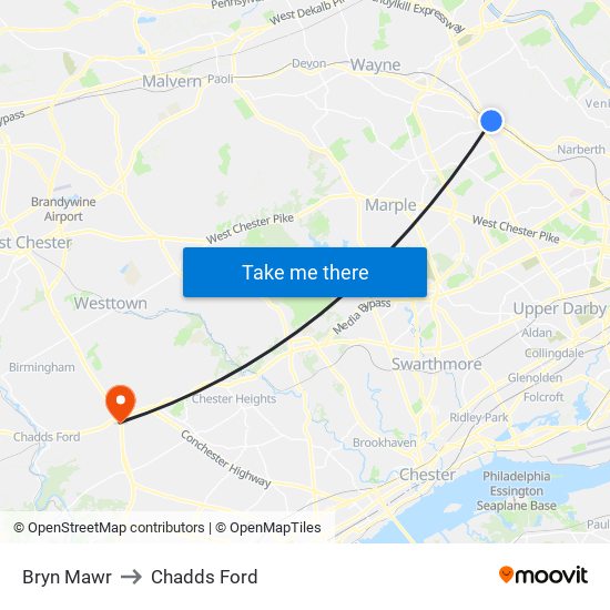 Bryn Mawr to Chadds Ford map