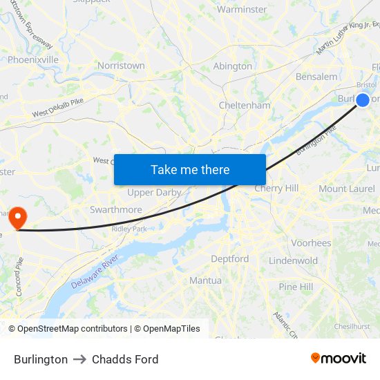 Burlington to Chadds Ford map