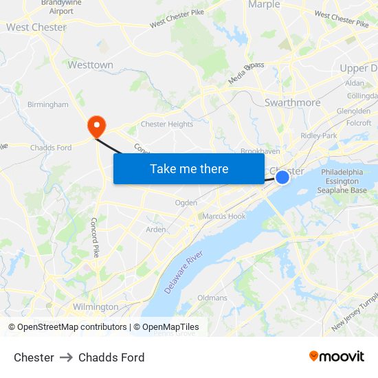 Chester to Chadds Ford map